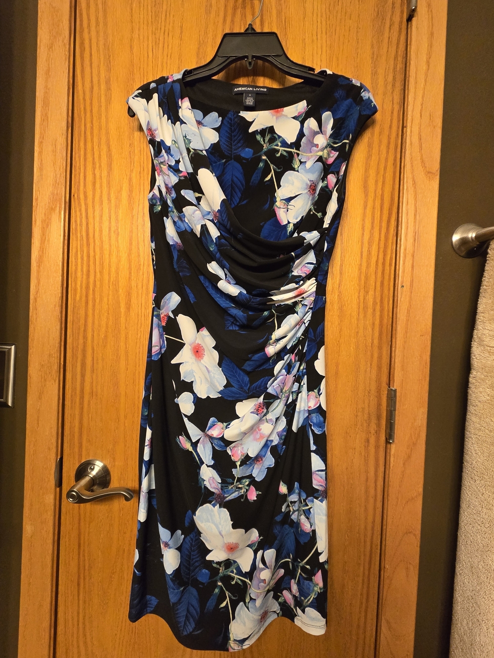 American Living Black Floral Midi Dress with Blue & White Blooms